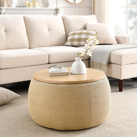 Round Storage Ottoman 2-in-1, End Table & Ottoman, Natural, 25.5"x25.5"x14.5", Hidden Storage for Living Room or Bedroom
