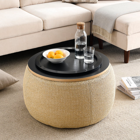 Round Storage Ottoman 2-in-1, End Table & Ottoman, Natural, 25.5"x25.5"x14.5", Hidden Storage for Living Room or Bedroom