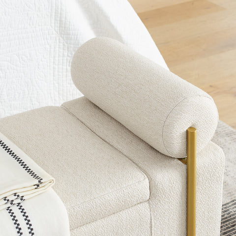 Elegant Beige Upholstered Linen Ottoman Chair with Storage, Cylindrical Arms&Iron Legs, Perfect for Hallway, Living Room&Bedroom