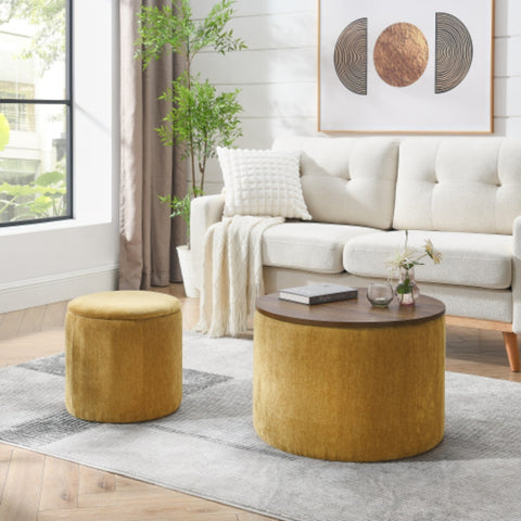 2-Piece Set Round Chenille Storage Ottoman with Drum-Shaped Small Stool, Ample Storage Space & MDF Desktop Panel for Convenient