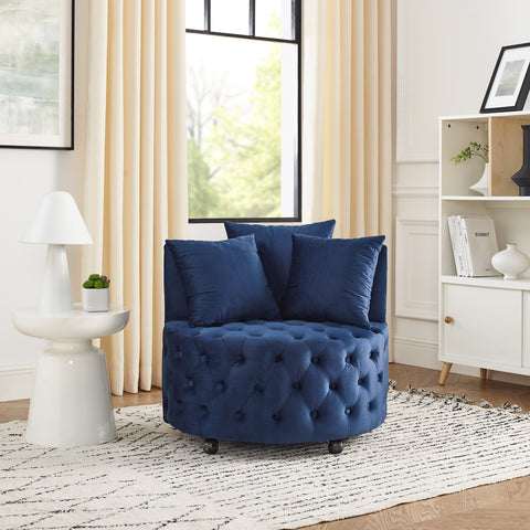 Velvet Upholstered Swivel Chair for Living Room, Button Tufted Design, Movable Wheels, Includes 3 Pillows, Stylish Accent Chair