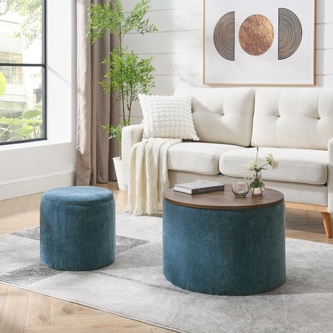 2-Piece Set Round Chenille Storage Ottoman with Drum-Shaped Small Stool, Ample Storage Space & MDF Desktop Panel for Convenient