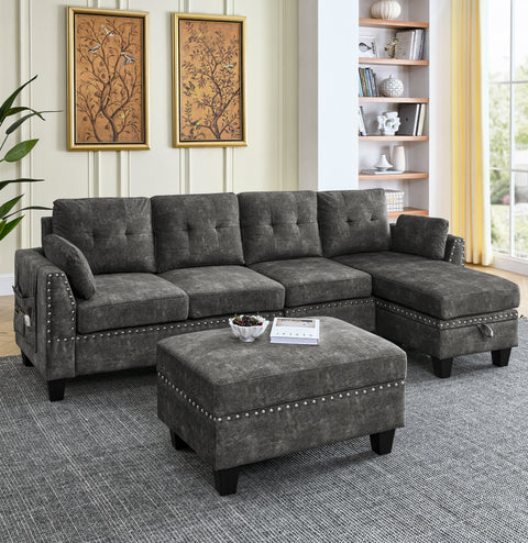 3-Seater Sectional Sofa with Double-Sided Multi-Functional Footstool, Storage Mat, Non-Slip Legs, and Two Velvet Pillows