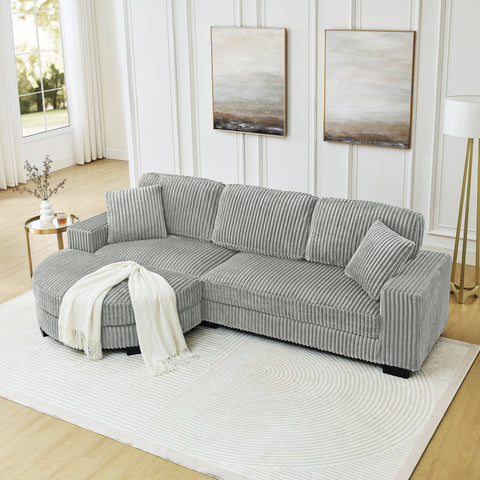 Corduroy Tufted Upholstered Sleeper Sectional Sofa, L-Shaped Modular Convertible Sofa , The arc-shaped footstool can be placed freely on the left