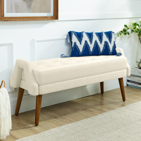 Modern Living Room Bench with Looped Yarn Fabric, Soft Cushion, Geometric Armrests & Rubber Wooden Legs, for Living Rooms, Bedrooms & Entrances