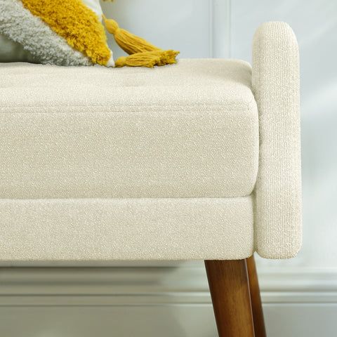 Modern Living Room Bench with Looped Yarn Fabric, Soft Cushion, Geometric Armrests & Rubber Wooden Legs, for Living Rooms, Bedrooms & Entrances