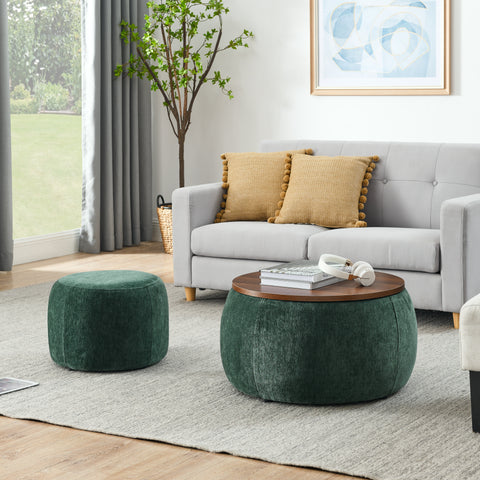 Round Storage Ottoman – 2-in-1 End Table and Ottoman with Room Drawers, Small Seat, 25"x25"x14.7", Stylish and Practical