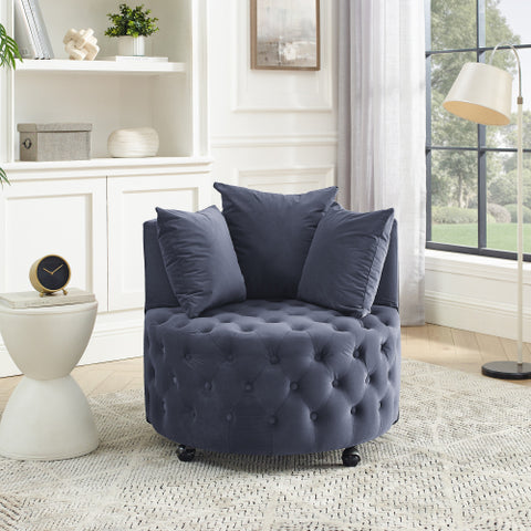 Velvet Upholstered Swivel Chair for Living Room, Button Tufted Design, Movable Wheels, Includes 3 Pillows, Stylish Accent Chair