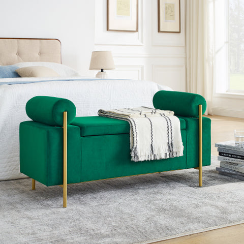 Elegant Beige Upholstered Linen Ottoman Chair with Storage, Cylindrical Arms&Iron Legs, Perfect for Hallway, Living Room&Bedroom