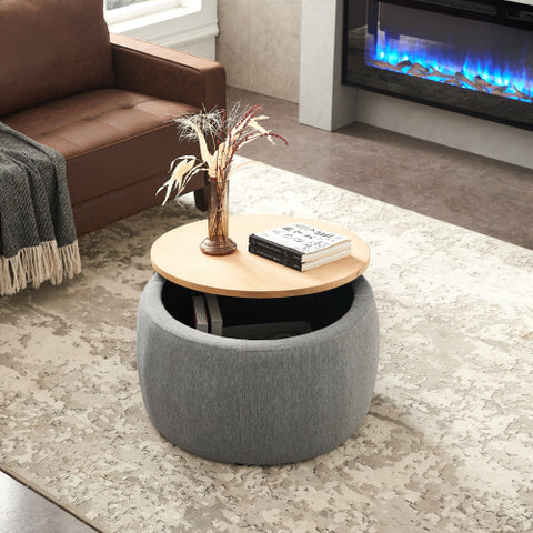 Round Storage Ottoman 2-in-1, End Table & Ottoman, Natural, 25.5"x25.5"x14.5", Hidden Storage for Living Room or Bedroom