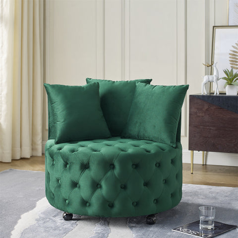 Velvet Upholstered Swivel Chair for Living Room, Button Tufted Design, Movable Wheels, Includes 3 Pillows, Stylish Accent Chair