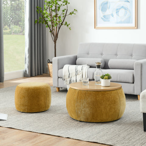Round Storage Ottoman – 2-in-1 End Table and Ottoman with Room Drawers, Small Seat, 25"x25"x14.7", Stylish and Practical