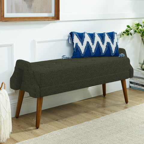 Modern Living Room Bench with Looped Yarn Fabric, Soft Cushion, Geometric Armrests & Rubber Wooden Legs, for Living Rooms, Bedrooms & Entrances