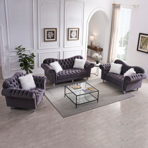 3-Piece Living Room Sofas Set, 3-Seater Sofa, Loveseat & Chair with Button & Copper Nail Detail, Includes 5 White Velvet Pillows