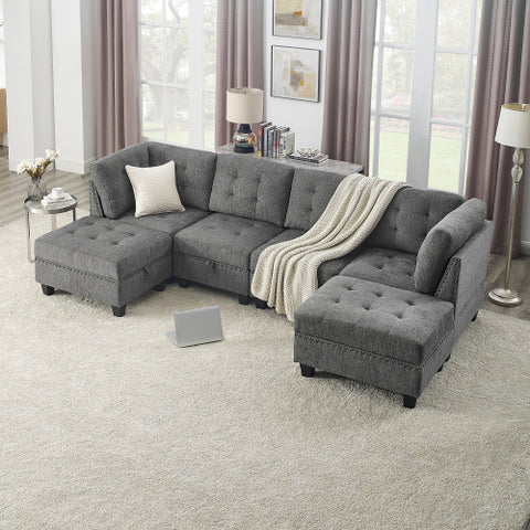 U-Shaped Modular Sectional Sofa, DIY Combination with 4 Single Chairs & 2 Corner Units, Grey Chenille Fabric