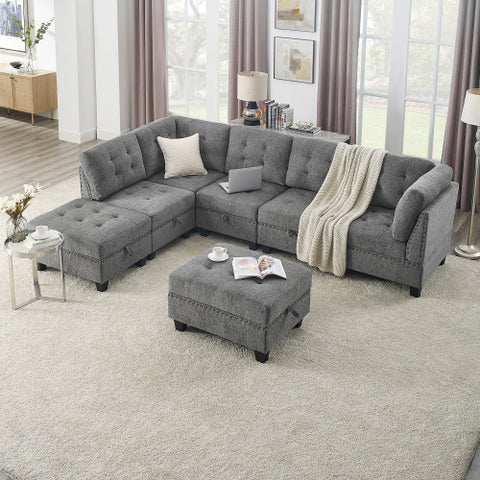 U-Shaped Modular Sectional Sofa, DIY Combination with 4 Single Chairs & 2 Corner Units, Grey Chenille Fabric