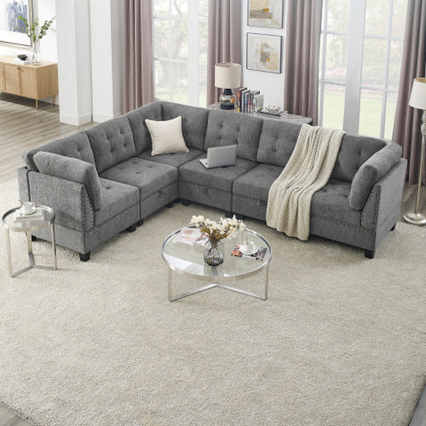 U-Shaped Modular Sectional Sofa, DIY Combination with 4 Single Chairs & 2 Corner Units, Grey Chenille Fabric