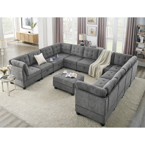 U-Shaped Modular Sectional Sofa, DIY Combination with 4 Single Chairs & 2 Corner Units, Grey Chenille Fabric