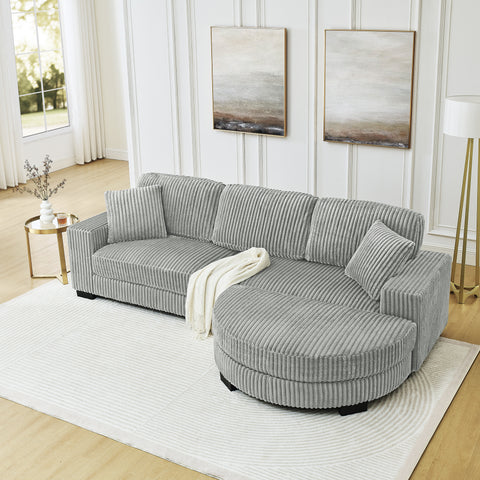 Corduroy Tufted Upholstered Sleeper Sectional Sofa, L-Shaped Modular Convertible Sofa , The arc-shaped footstool can be placed freely on the left