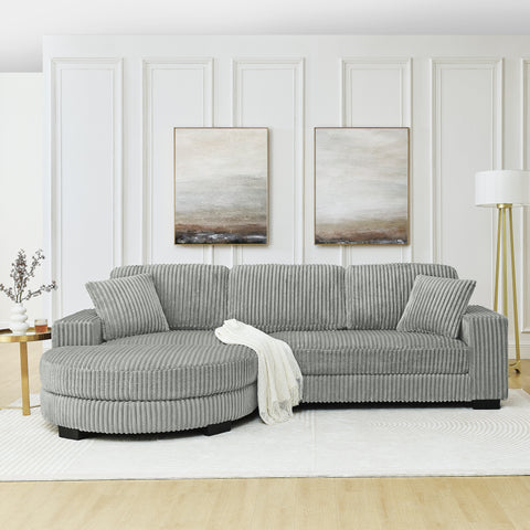 Corduroy Tufted Upholstered Sleeper Sectional Sofa, L-Shaped Modular Convertible Sofa , The arc-shaped footstool can be placed freely on the left