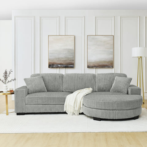 Corduroy Tufted Upholstered Sleeper Sectional Sofa, L-Shaped Modular Convertible Sofa , The arc-shaped footstool can be placed freely on the left