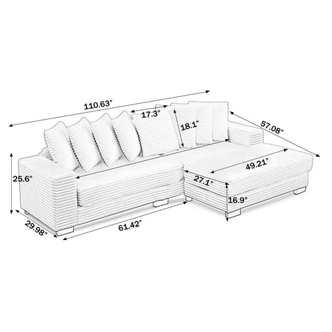 Corduroy Tufted Upholstered Sleeper Sectional Sofa, L-Shaped Modular Convertible Sofa , Can freely change the position of the footrests(Assembly is required)