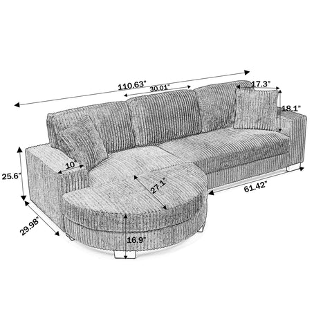 Corduroy Tufted Upholstered Sleeper Sectional Sofa, L-Shaped Modular Convertible Sofa , The arc-shaped footstool can be placed freely on the left